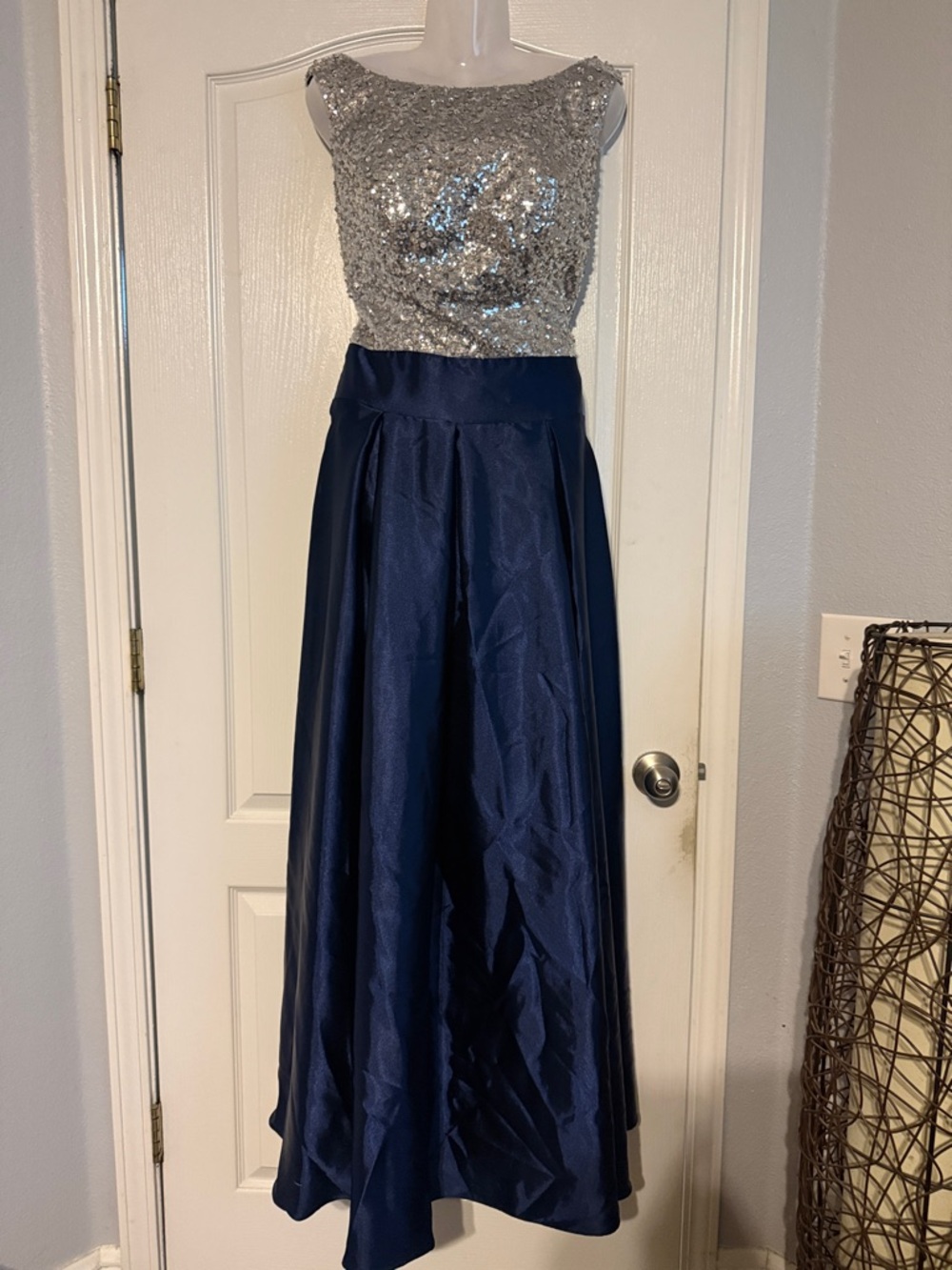Silver Sequin Bodice Navy Satin Evening Dress